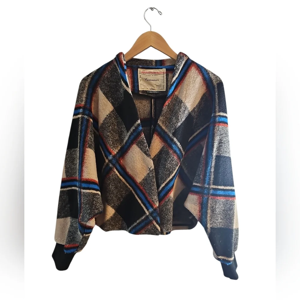 Anthroplogie Cartonnier Plaid Demero Swing Jacket Wool Blend XS Small Black Blue - Picture 4 of 7